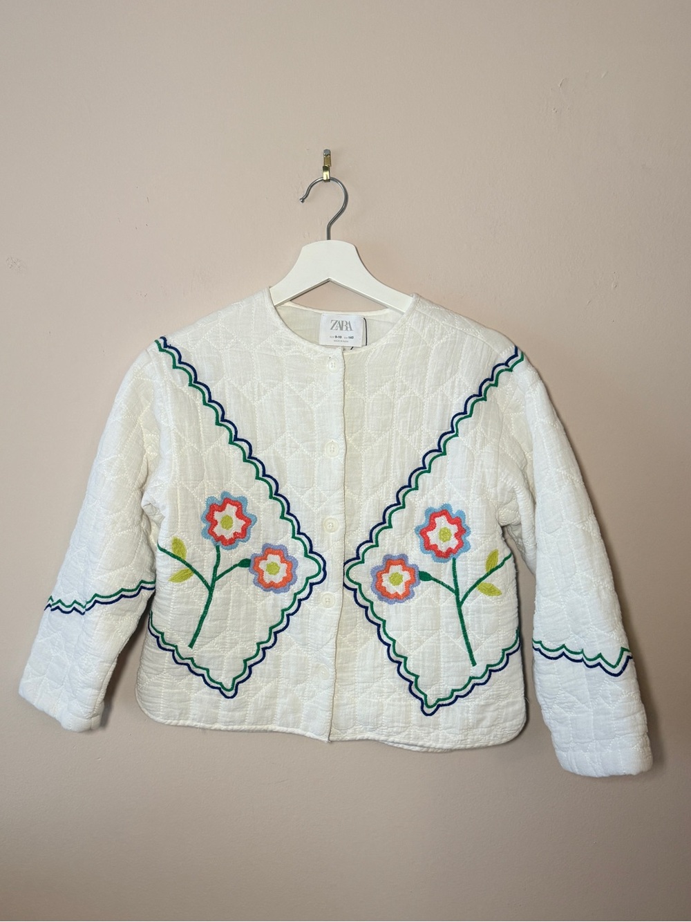 Zara Kids White Cotton Embroidered Blazer Jacket - 9/10